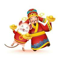 feliz chinês Deus do riqueza com desenho animado rato segurando lingotes em branco fundo. vetor