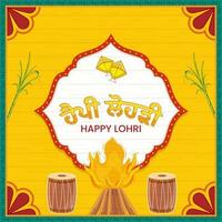 feliz Lohri celebração fundo com fogueira, tambor instrumento, cana de açúcar, pipas dentro branco e amarelo cor. vetor