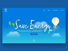 Salve  energia aterrissagem página Projeto com luz lâmpada em azul fundo. vetor