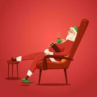 santa claus relaxante às cadeira e tendo quente beber em vermelho fundo. vetor