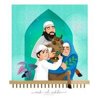 eid-al-adha Mubarak conceito com muçulmano família segurando bode em céu azul e branco fundo. vetor