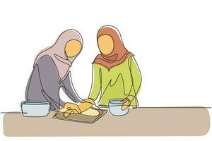 contínuo um desenho de linha dois mulher árabe fazendo massa de biscoito usando o rolo de massa na mesa da cozinha aconchegante. fazendo padaria e pizza caseira em casa. ilustração gráfica de vetor de desenho de linha única