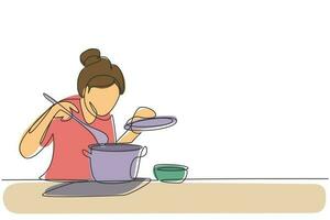 contínua uma linha desenhando uma bela dona de casa apreciando o cheiro de comida de panela. preparar comida na cozinha aconchegante. cozinhar em casa. comida saudável. ilustração gráfica de vetor de desenho de linha única