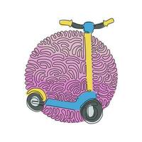 única scooter elétrica de desenho de linha. transporte elétrico. transporte ecológico. estilo de vida urbano. redemoinho curl estilo de fundo do círculo. ilustração em vetor gráfico de desenho de linha contínua moderna