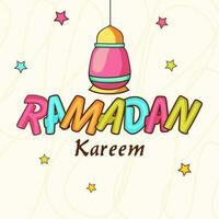 colorida Ramadã kareem texto com suspensão lanterna em estrelas decorado fundo. vetor