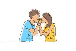 único um desenho de linha jovem casal lindo compartilhando hambúrguer. comemore aniversários de casamento e desfrute de um almoço romântico no restaurante. ilustração em vetor gráfico design moderno linha contínua