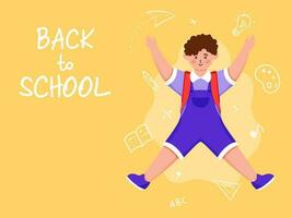 costas para escola poster Projeto com jovem aluna Garoto pulando em amarelo fundo. vetor
