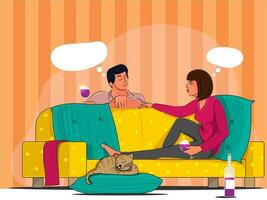 jovem casal desfrutando beber em sofá com gato deitado às almofadas dentro interior visualizar. vetor
