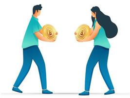 ilustração do jovem homem e mulher segurando dourado bitcoin em branco fundo. vetor