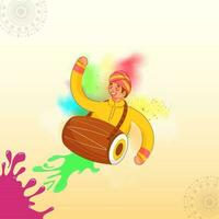 desenho animado homem jogando dhol com cor respingo em amarelo fundo. vetor