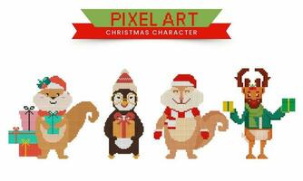 pixel arte Natal personagens gostar Como desenho animado rena, pinguim, esquilo com presente caixas em branco fundo. vetor