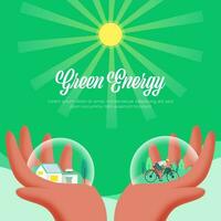 verde energia conceito Sediada poster Projeto com 3d Renderização verde cidade sobre mãos. vetor
