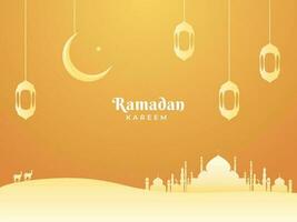 Ramadã kareem conceito com silhueta mesquita, lanternas e crescente lua aguentar em dourado fundo. vetor