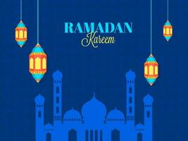 Ramadã kareem texto com mesquita, árabe lanternas aguentar em azul fundo. vetor