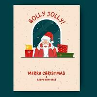 alegre Natal e Novo ano cumprimento cartão com fofa santa Papai Noel, presente caixas em pastel Rosa fundo. vetor