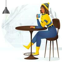 jovem menina bebendo chá ou café sentado em cadeira dentro inverno temporada. vetor