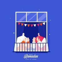 desenho animado muçulmano homem e mulher oferta namaz às janela sacada em a ocasião do Ramadã festival, fique às casa para evita a partir de COVID-19. vetor