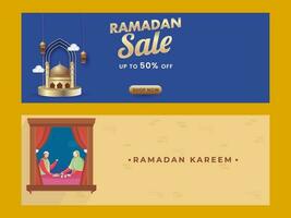 publicidade cabeçalho ou bandeira Projeto conjunto com dourado mesquita, muçulmano casal desfrutando alimentos para Ramadã festival. vetor