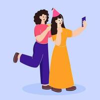 adolescente meninas desfrutando festa com levar selfie em azul fundo. vetor
