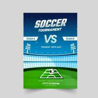 futebol torneio modelo ou folheto Projeto com estádio Visão dentro azul e verde cor. vetor