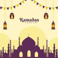 roxa silhueta mesquita com suspensão aceso lanternas e estamenha bandeiras em amarelo fundo para Ramadã kareem conceito. vetor