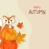 feliz outono poster Projeto com desenho animado Raposa segurando abóbora e bordo folhas em pastel Castanho fundo. vetor