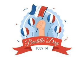 feliz bastilha dia em 14 Julho vetor ilustração com francês bandeira e eiffel torre dentro plano desenho animado mão desenhado para aterrissagem página modelos