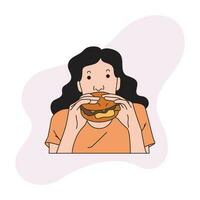 uma mulher é comendo uma ampla hamburguer vetor