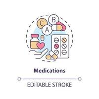 medicações conceito ícone. pílulas prescrição. crônica doença compreensivo Cuidado plano abstrato idéia fino linha ilustração. isolado esboço desenho. editável acidente vascular encefálico vetor