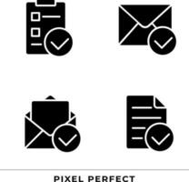 documentos com marcas de verificação Preto glifo ícones conjunto em branco espaço. aprovação do o negócio papéis. corrigir Informação. silhueta símbolos. sólido pictograma pacote. vetor isolado ilustração