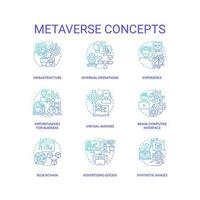 metaverso azul gradiente conceito ícones definir. tecnologia do virtual realidade desenvolvimento idéia fino linha cor ilustrações. isolado símbolos vetor