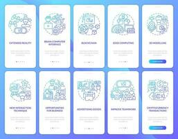 metaverso para o negócio azul gradiente onboarding Móvel aplicativo telas definir. passo a passo 5 passos gráfico instruções com linear conceitos. interface do usuário, ux, gui modelo vetor