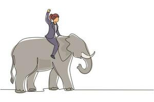 contínuo um desenho de linha empresária montando elefante símbolo de sucesso. conceito de metáfora de negócios, olhando para o objetivo, realização, liderança. ilustração gráfica de vetor de desenho de linha única