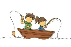 único desenho de uma linha sorridente meninos e meninas pescando juntos no barco. crianças felizes pescando no barco no mar. filhos de pescadores. ilustração em vetor gráfico de desenho de linha contínua