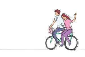uma linha contínua desenhando casal romântico se divertindo no encontro andando de bicicleta. vista traseira do casal adolescente romântico andar de bicicleta. jovem e mulher apaixonada. gráfico de vetor de design de desenho de linha única
