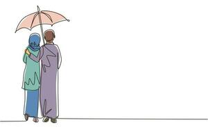 uma linha contínua desenhando para trás o casal de amantes na chuva. casal árabe apaixonado andando sob chuva com guarda-chuva. homem e mulher estão andando pela rua da cidade. gráfico de vetor de design de desenho de linha única