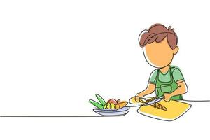 única menina de desenho de linha está cortando cenoura e outros legumes frescos. criança sorridente está gostando de cozinhar em casa para ajudar a mãe. ilustração em vetor gráfico de desenho de linha contínua