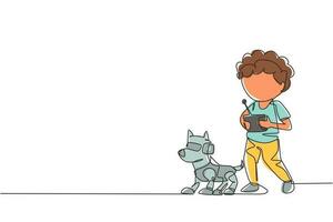 único menino de desenho de linha brincando com robô de cachorro de brinquedo eletrônico com controle remoto nas mãos. crianças felizes com animal de estimação robô de controle remoto. ilustração em vetor gráfico de desenho de linha contínua moderna