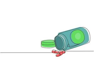 garrafa de plástico de desenho de linha contínua de comprimidos em vista isométrica. comprimidos comprimidos médicos farmácia cuidados e comprimidos comprimidos antibiótico farmacêutico. ilustração vetorial de desenho de linha única vetor