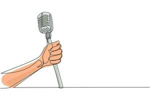 uma mão de desenho de linha contínua com um microfone retrô. desenho estilizado de gravura vintage. homem de karaokê canta a música para microfone de estilo antigo. ilustração gráfica de vetor de desenho de linha única