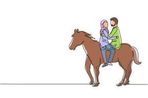 desenho contínuo de uma linha de casal árabe romântico apaixonado a cavalo. casal feliz se preparando para o casamento. noivado e relacionamento amoroso. ilustração gráfica de vetor de desenho de linha única