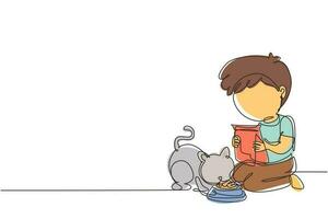 único desenho de uma linha menino sorridente e fofo alimentando seu gatinho, adorável criança cuidando de animais. crianças fazendo tarefas domésticas em casa. ilustração em vetor gráfico de desenho de linha contínua moderna