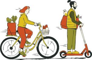 vetor ilustração do dois homens mulheres equitação em lambreta e compras dentro supermercado
