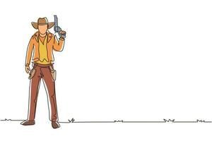 única linha contínua desenho cowboy inteligente com chapéu segurando sua arma. estilo pistoleiro americano segurando o conceito de arma. armas para autodefesa. ilustração em vetor design gráfico de desenho gráfico de uma linha dinâmica