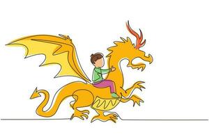 desenho contínuo de uma linha menino feliz voando com dragão de fantasia. criança voar e sentado nas costas do dragão para o céu. conto de fadas imaginário infantil. ilustração gráfica de vetor de desenho de linha única