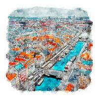 nyhavn kobenhavn dinamarca esboço em aquarela ilustração desenhada à mão vetor