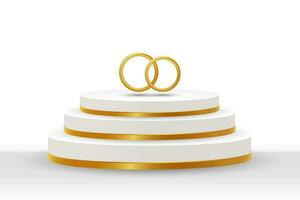 branco e dourado pódio com ouro Casamento argolas em uma branco fundo. 3d ilustração, Casamento projeto, vetor