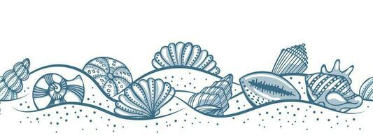 mão desenhado mar cartuchos em a areia. ilustração do azul conchas do mar em uma branco fundo. vetor