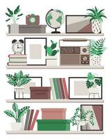 interior Projeto. prateleiras com livros, rádio, alarme relógio, quadros e em vaso plantas. a conceito do casa conforto. ilustração, vetor