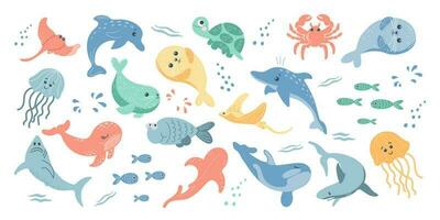 coleção do colorida peixes e mar animais. ícones dentro desenho animado estilo para crianças, vetor